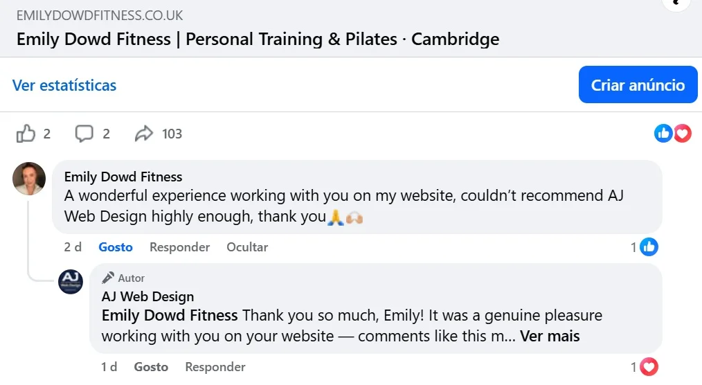 5-star Facebook review for AJ Web Design from Emily Dowd Fitness, personal trainer Cambridge