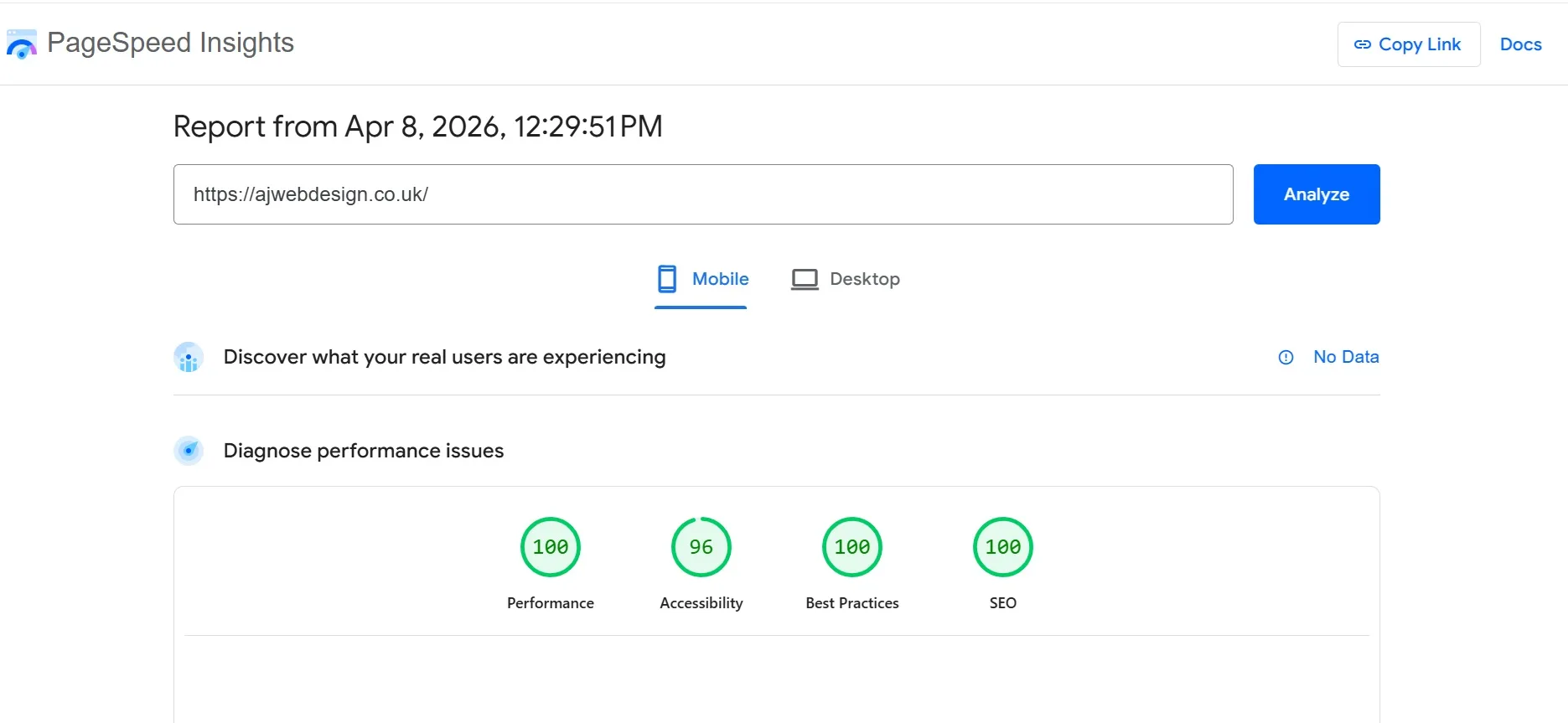 Google PageSpeed Insights score for ajwebdesign.co.uk — 100 Performance, 96 Accessibility, 100 Best Practices, 100 SEO on mobile