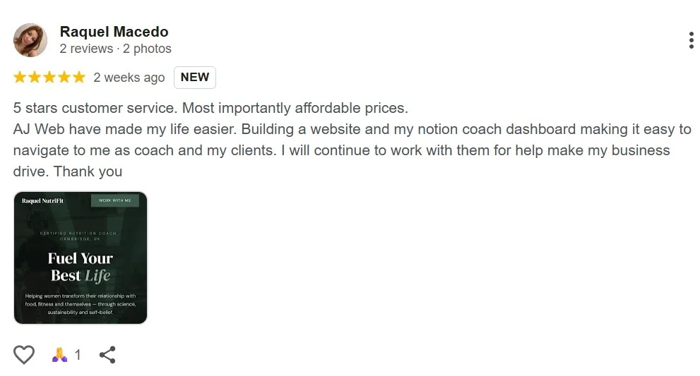 5-star Google Business Profile review for AJ Web Design from Raquel NutriFit, nutrition and fitness coach Cambridge