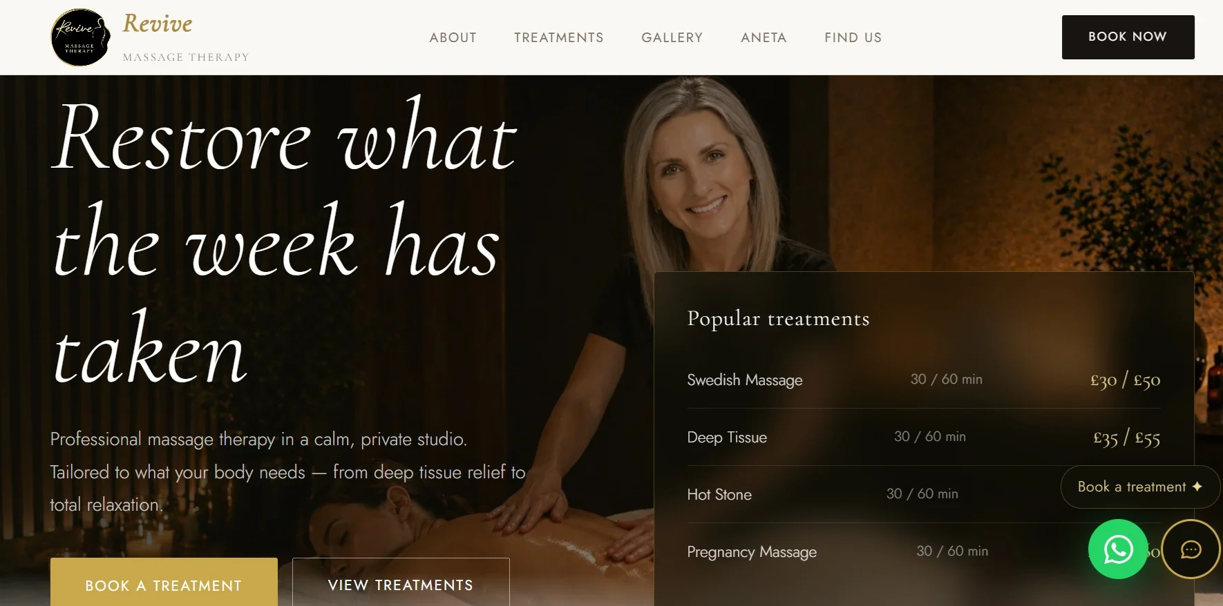 Revive Massage Cambourne website — built by AJ Web Design