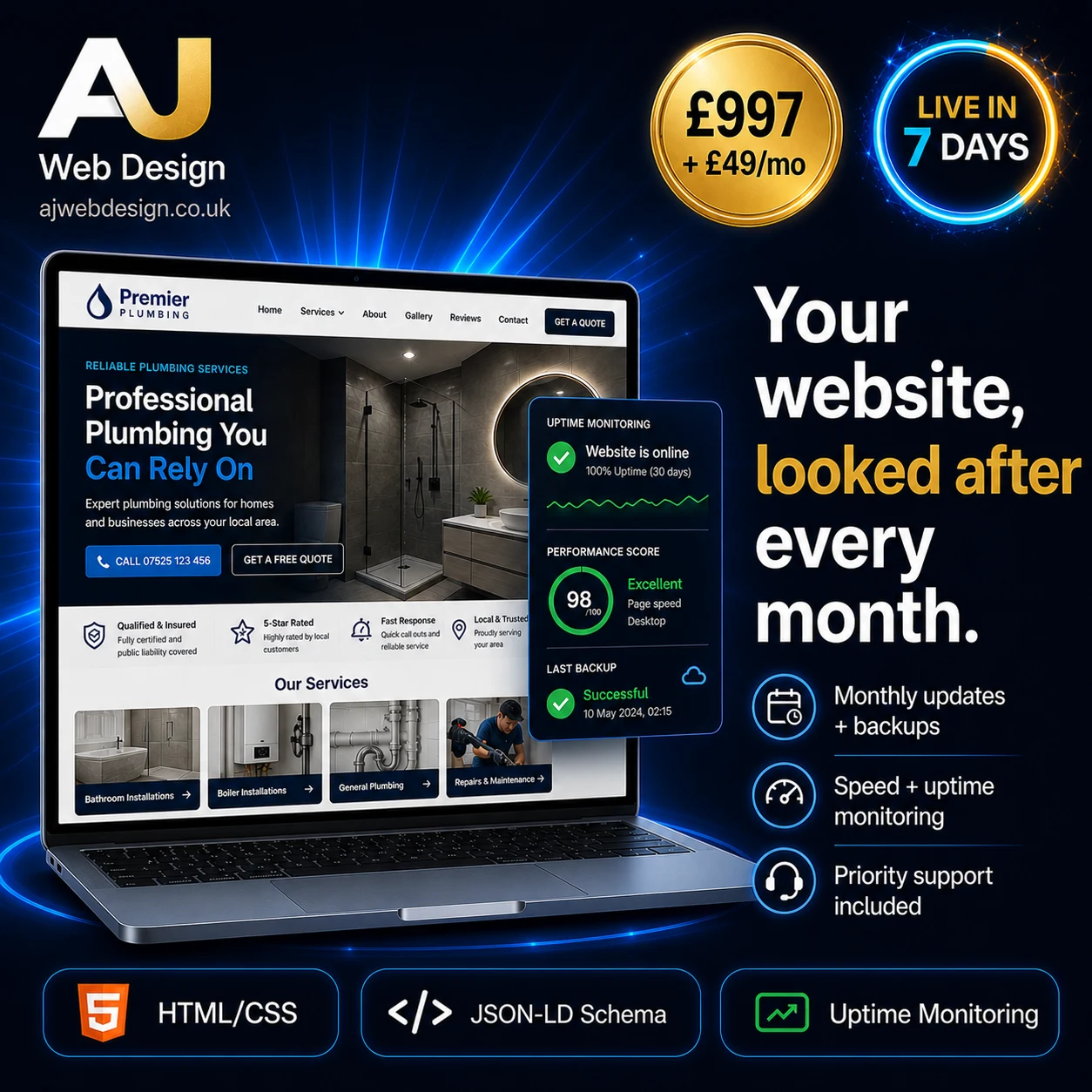 Growth Site + Support for Trade Businesses — £997 + £49/mo — AJ Web Design Cambridge