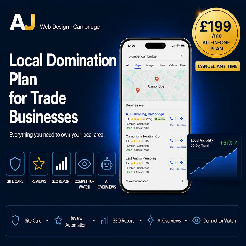 Local Domination Plan — £199/mo — AJ Web Design Cambridge