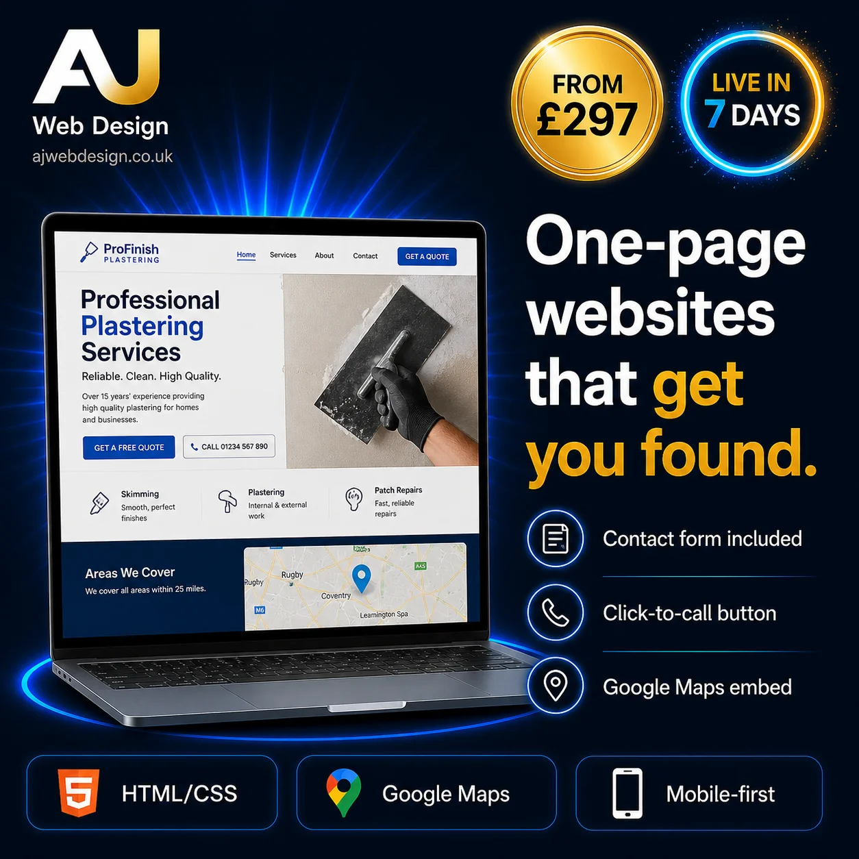 Starter Website for Trade Businesses — £297 one-off, live in 7 days — AJ Web Design